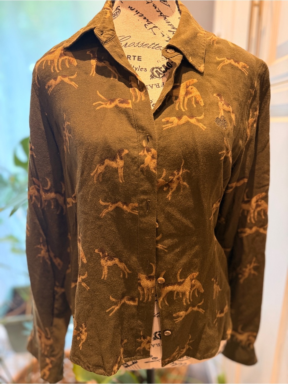Lauren Ralph Lauren Brown Button-Front Top with Hunting dog print